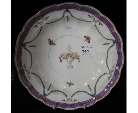 Royal Worcester porcelain cabinet dish depicting urn with floral and inset swag decorations within purple and gilt borders, p