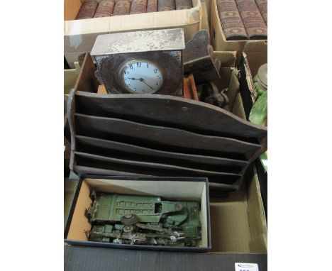 Tray of assorted items to include plated enamelled mantle clock, oak cutlery box, oak letter rack, play worn army vehicles et