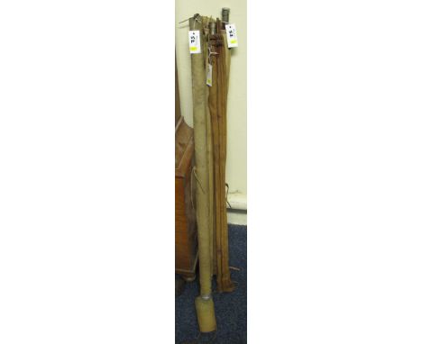 Hardy Brothers aluminum fishing rod tube together with two vintage split cane fly fishing rods. 