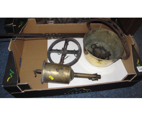 Vintage brass preserving pan with pierced iron handle, brass bottle jack etc. 