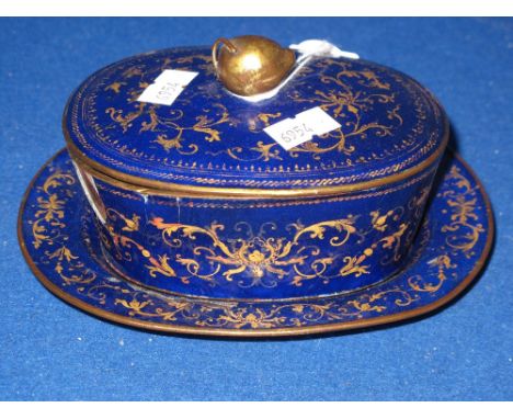 19th century dark blue enamel gilded bowl cover and stand, probably Middle Eastern.  CONDITION REPORT; Wear to giltwork, dama