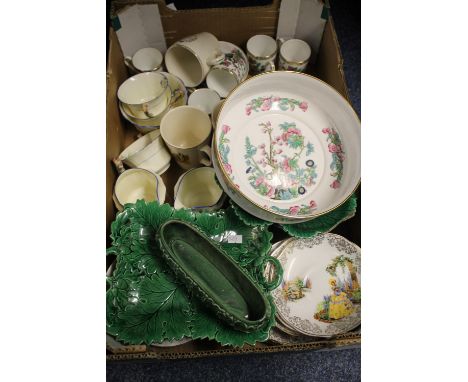 Box of assorted china items to include circular fruit bowls, Indian tree pattern, Majolica leaf plates, planter, various comm