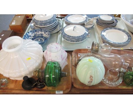Two trays of glassware to include opaline glass light fittings,green glass single oil burning, glass chimneys, other accessor