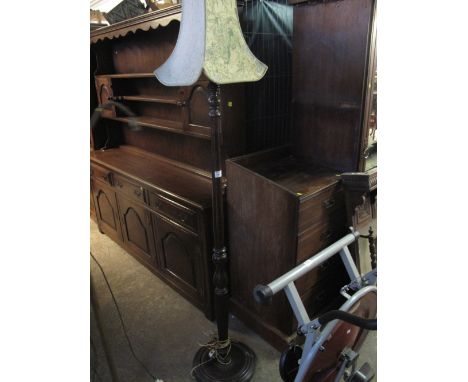 Stained turned standard lamp and shade. 