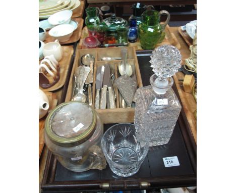 Various loose plated cutlery and cutlery in wooden tray, square sectioned hobnail style spirit decanter and stopper, glass tw