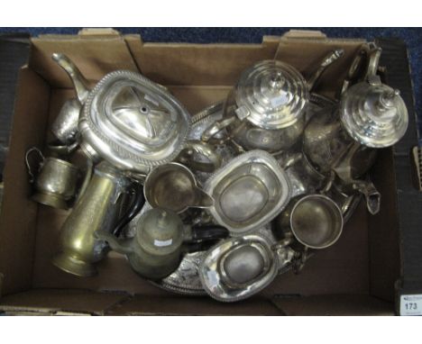 Box of assorted silver plated items to include presentation engraved tea and coffee set with tray together with assorted plat