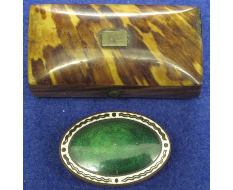 Oval brass and enamel patch box, together with Georgian tortoise shell miniature books and cover on ivory ball feet. (2)