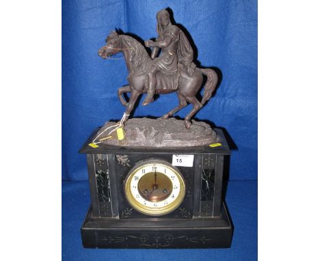 Late 19th century black slate and marble figural two train mantle clock surmounted by spelter equestrian figure. 