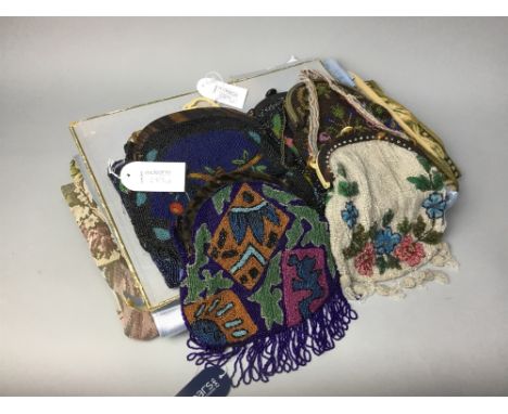 SEVEN BEADED EVENING PURSES, most with floral motif decoration; along with two Empire Exhibition Scotland 1938 textiles and a