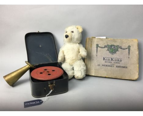 EARLY 20TH CENTURY PORTABLE GRAMOPHONE, along with a Kid Kord record album, and a vintage teddy bear