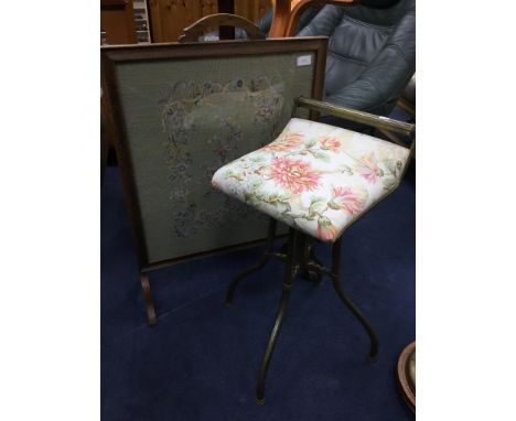 VICTORIAN BRASS REVOLVING PIANO STOOL, along with a firescreen