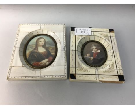 TWO 20TH CENTURY IVORY FRAMED PAINTED PORTRAITS, depicting the Mona Lisa and Mozart (2)