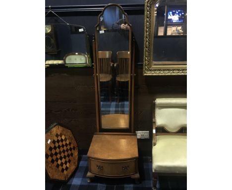 WALNUT WOODEN SWIVEL MIRROR, with single drawer base