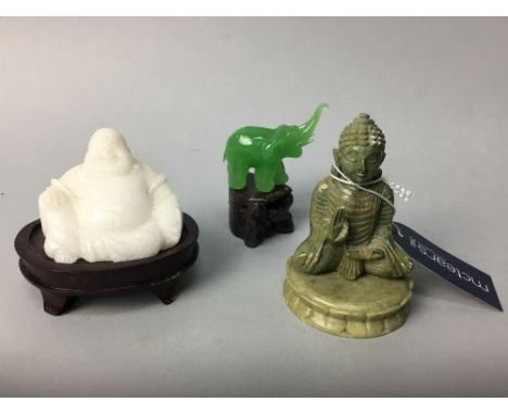 TWO SMALL HARD STONE BUDDHAS, along with a jade elephant