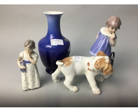 ROYAL COPENHAGEN FIGURE OF A DOG, along with two Danish ceramic figures of children, and a Copenhagen vase (4)