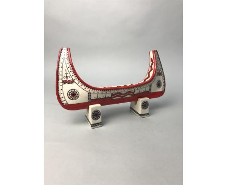 CREAM G.P.O. PLASTIC TELEPHONE, along with a plate with abstract decoration and a ceramic model of a Viking ship (3)