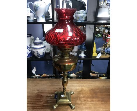VICTORIAN OIL LAMP, with red shade