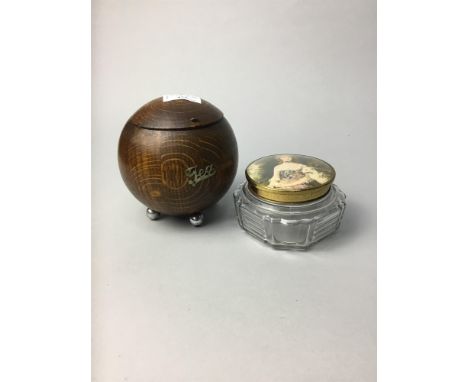 OAK TEA CADDY, together with two inlaid boxes, a brush and a mirror etc