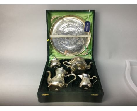 SILVER PLATED TEA AND COFFEE SERVICE, in fitted case, comprising tea pot, coffee pot, cream, sugar and tray