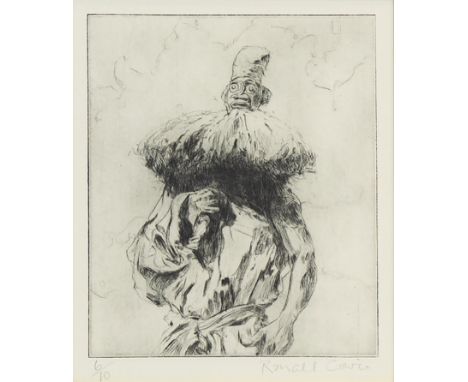 BRITISH SCHOOL, MAN IN AFRICAN MASK etching, signed indistinctly and numbered 6/10 in pencil 17cm x 14cm Mounted, framed and 