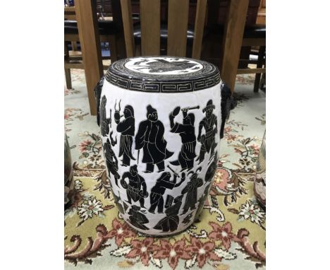PAIR OF CHINESE CERAMIC OVAL DRUM STOOLS, and another (3)