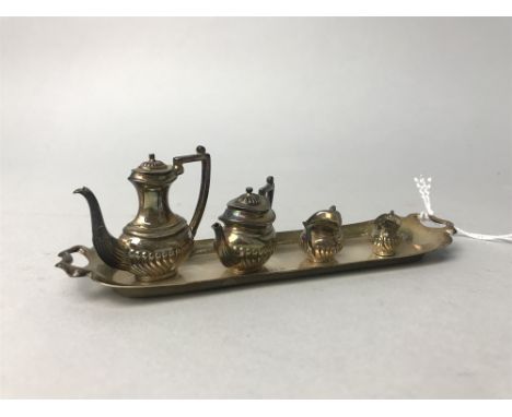 SILVER FOUR PIECE MINIATURE TEA SERVICE ON TRAY, Birmingham marks (5)