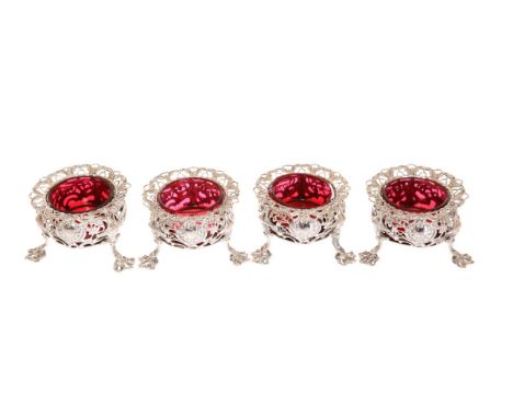 A SET OF FOUR VICTORIAN SILVER SALTS IN THE CHINOISERIE TASTE, JOHN WILMIN FIGG, LONDON, 1841 and 1842, each pierced and of c