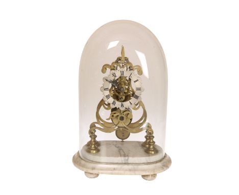 A VICTORIAN BRASS SINGLE FUSEE SKELETON CLOCK, of typical architectural form, the silvered chapter ring with Roman numerals, 