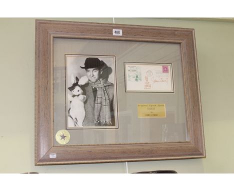 A PHOTOGRAPH OF JAMES STEWART, MOUNTED ALONGSIDE A SIGNED SKETCH OF HARVEY THE RABBIT on a first day cover, with presentation