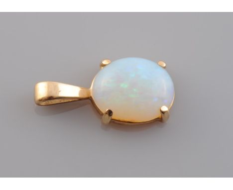 AN OPAL PENDANT, the single oval cabochon cut opal simply four claw set in an open backed mount on fixed pendant bale. Stampe