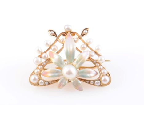 A LATE 19TH CENTURY PEARL AND ENAMEL BROOCH, a spray of seven enamelled petals of delicate green and pink enamelling set to t