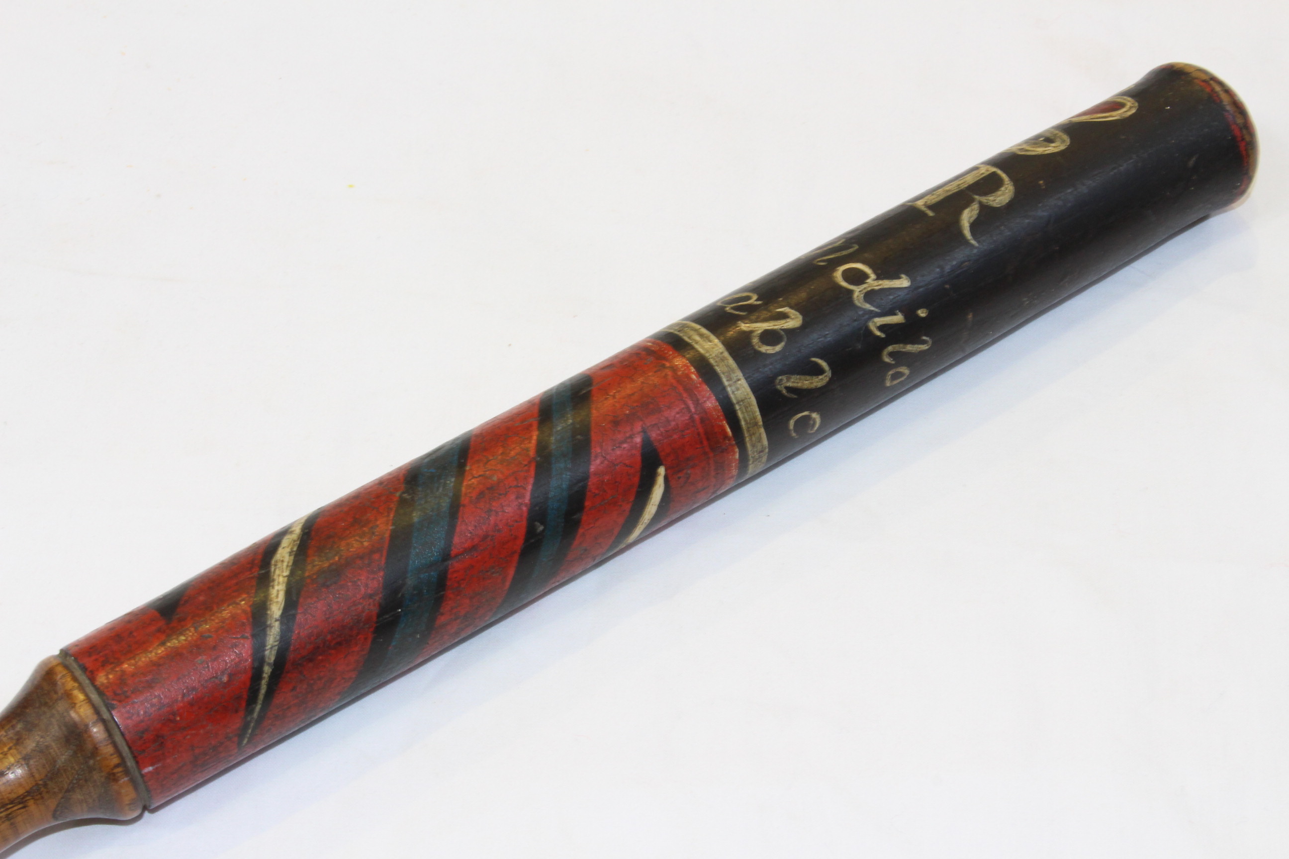 A PAINTED WOODEN TRUNCHEON, PROBABLY 19th CENTURY, of characteristic