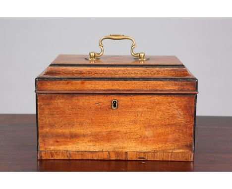 A GEORGE III MAHOGANY TEA CADDY, the stepped lid with brass swan-neck handle, the interior with three lidded canisters. 24cm 
