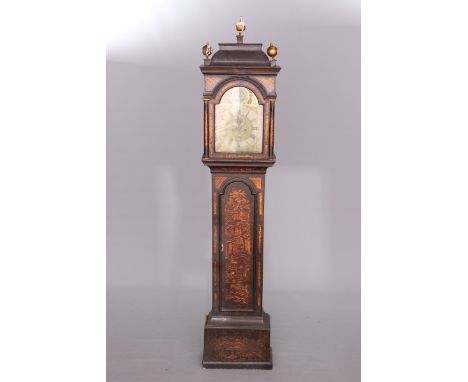 BENJAMIN DAVIS, LONDONAN 18TH CENTURY CHINOISERIE LACQUER EIGHT DAY LONGCASE CLOCK, the 11¾-inch brass break-arch dial with s