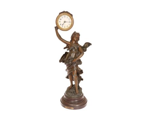 A FRENCH FIGURAL SPELTER CLOCK IN THE ART NOUVEAU TASTE, c. 1900, the figure titled "Le Jour", after Auguste Moreau, the figu