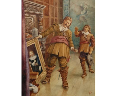 ENGLISH SCHOOL, TWO FIGURES IN AN INTERIOR LOOKING AT A PORTRAIT, monogrammed (TM or MT), watercolour, framed, 27.5cm by 21.5