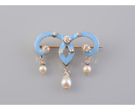 AN ENAMEL, DIAMOND AND PEARL BROOCH, circa 1900-1910, the symmetrical coiled detail mount with light blue enamelling througho