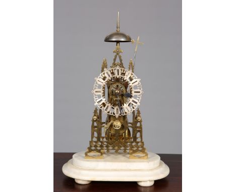 A VICTORIAN BRASS SINGLE FUSEE SKELETON CLOCK, in the 'Gothic' taste, chain driven movement striking a bell, raised on a marb