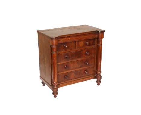 A MINIATURE MAHOGANY SCOTCH CHEST, possibly an apprentice piece, of inverted breakfront form, with frieze drawer and two shor
