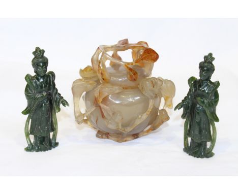 A CHINESE CARVED AGATE VASE AND COVER, 19th Century, 10cm; together with A PAIR OF CHINESE CARVED JADE FIGURES, 10cm. (3)