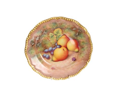 A ROYAL WORCESTER FRUIT PAINTED CAKE PLATE, painted by Telford, decorated with pears and grapes, within a gilt scalloped rim,