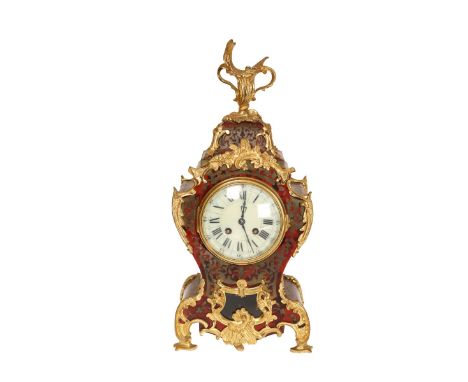 A 19TH CENTURY GILT-BRASS MOUNTED BOULLE MANTEL CLOCK, the enamel dial with Roman numerals and Arabic minutes, the mounts cas