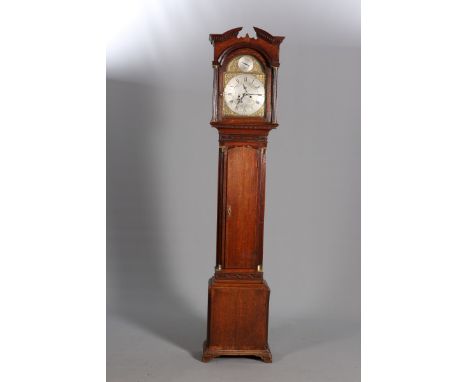 WILLIAM WARIN, THIRSKA GEORGE III OAK EIGHT-DAY LONGCASE CLOCK, the 12-inch brass break-arch dial with silvered chapter with 