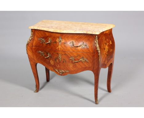A LOUIS XV STYLE MARBLE-TOPPED BOMBE COMMODE, the two-drawer case decorated with floral marquetry and applied with gilt-metal