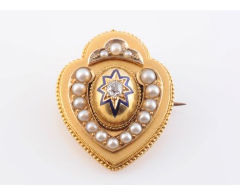 A PEARL AND DIAMOND LOCKET BROOCH, circa 1880-1890, the moulded heart shaped mount with subtle beaded detailing to the perime