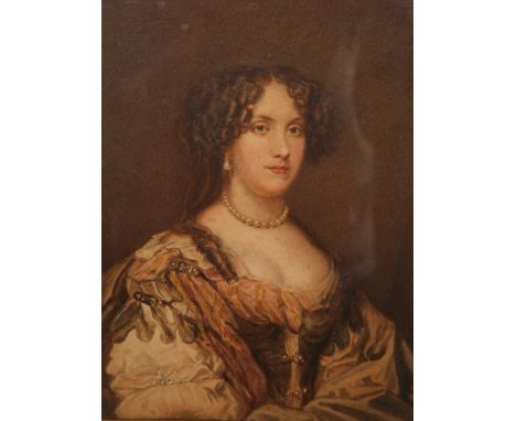 ENGLISH SCHOOL, PORTRAIT OF A LADY WEARING A PEARL NECKLACE, unsigned, watercolour, framed, 21.5cm by 18cm