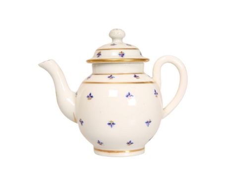 A CAUGHLEY PORCELAIN MINIATURE TEAPOT, LATE 18th CENTURY, of bullet form, painted with an Angouleme Sprig pattern, highlighte