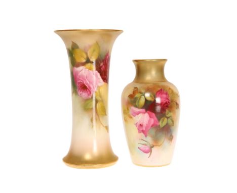 TWO ROYAL WORCESTER ROSE DECORATED VASES, the first painted by Kitty Blake, shape number G923, with green printed mark for 19