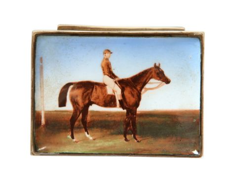 A CONTINENTAL SILVER AND ENAMEL SNUFF BOX, of rectangular form, the hinged cover enamelled with a horse and jockey, stamped 9