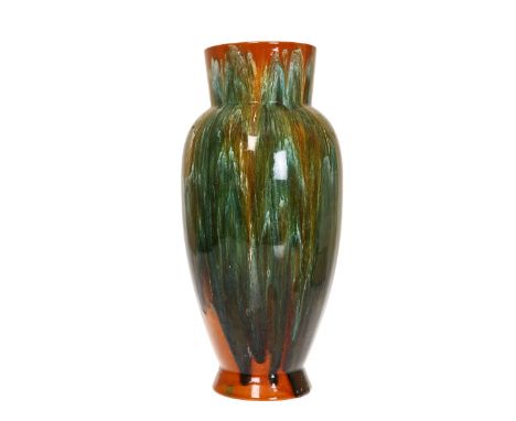 A LARGE LINTHORPE POTTERY VASE, LATE 19th CENTURY, shape no. 477, with deep neck over a long baluster body, with brown, turqu